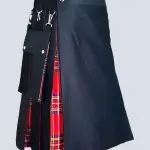 BLACK AND ROYAL STEWART TARTAN HYBRID KILT WITH DETACHABLE POCKETS