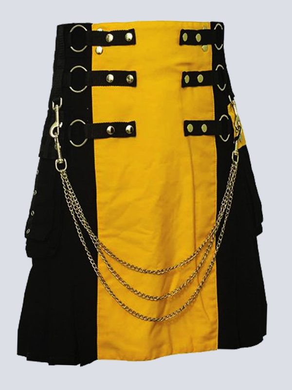 BLACK AND YELLOW GOTHIC UTILITY KILT WITH DETACHABLE APRON