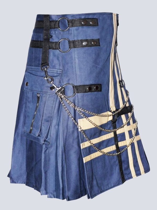 GOTHIC BLUE AND WHITE UTILITY KILT WITH CHAINS - Image 3