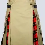 Khaki And Wallace Tartan Hybrid Kilt With Leather Strap