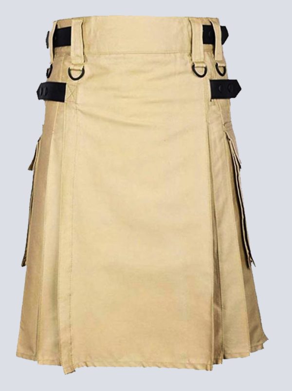 LAUTREAMONT KHAKI UTILITY KILT WITH BUTTON STRAPS