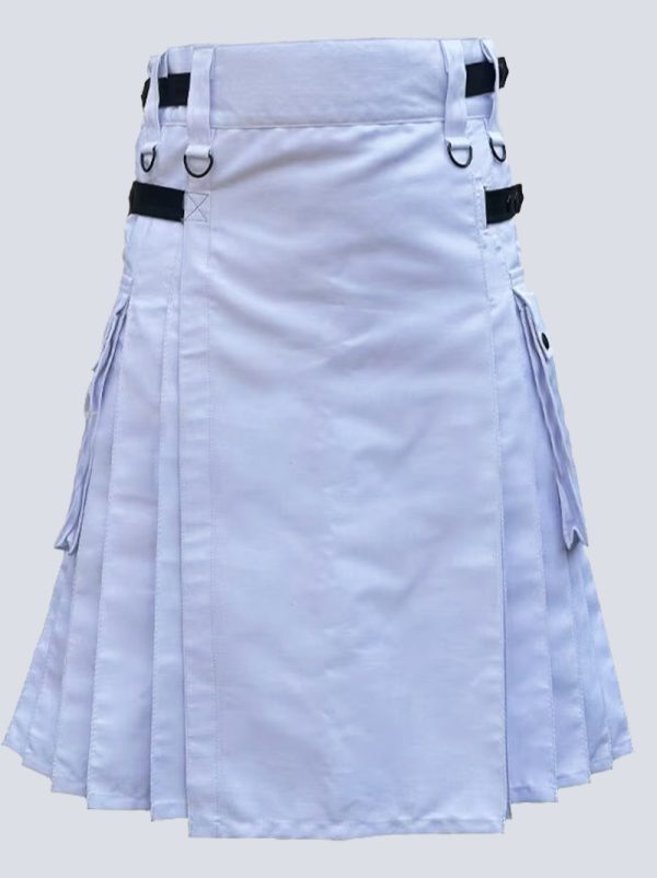 LAUTREAMONT WHITE UTILITY KILT WITH LEATHER STRAPS