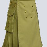 MENS KHAKI UTILITY KILT DECORATED WITH GOLDEN BUTTONS