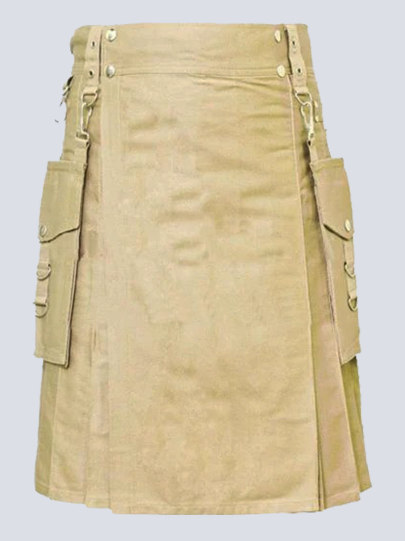 MENS KHAKI UTILITY KILT WITH DETACHABLE POCKETS
