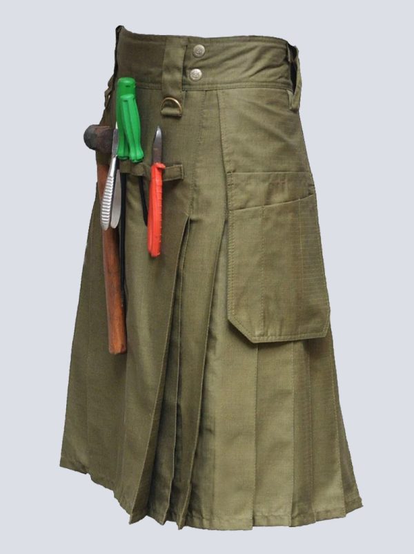 MENS OLIVE GREEN WORK UTILITY KILT - Image 3