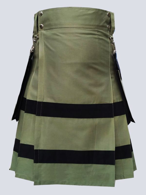 OLIVE GREEN UTILITY KILT WITH BLACK STRAPS