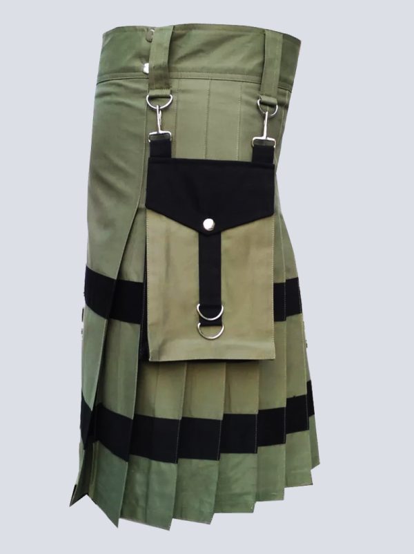 OLIVE GREEN UTILITY KILT WITH BLACK STRAPS - Image 3