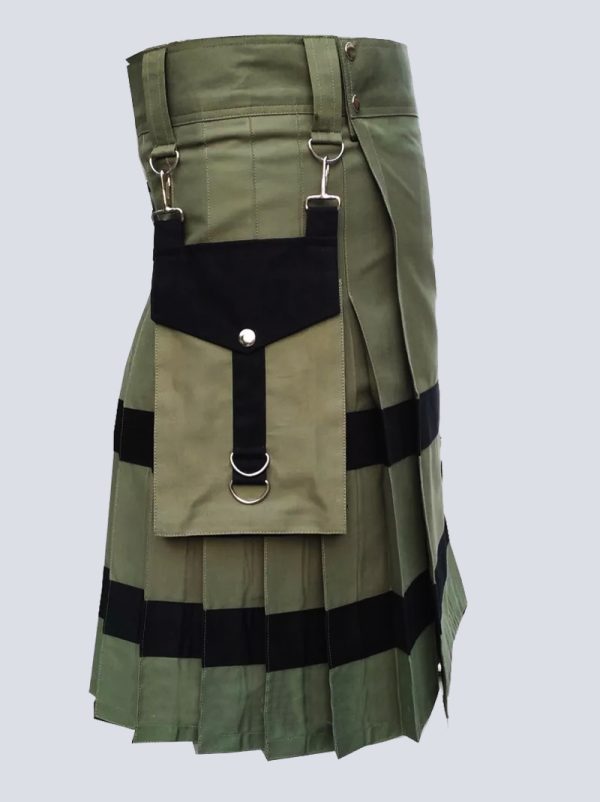 OLIVE GREEN UTILITY KILT WITH BLACK STRAPS - Image 2
