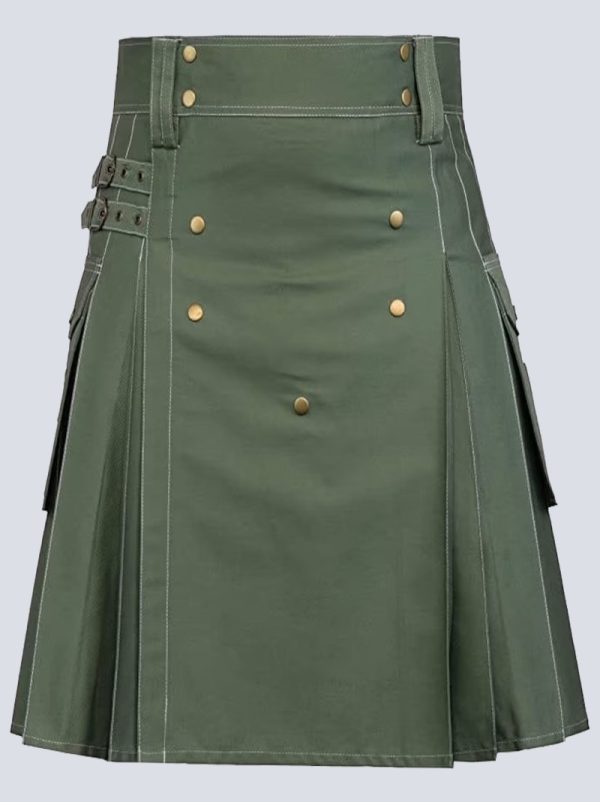 OLIVEGREEN UTILITY KILT WITH WHITE THREAD