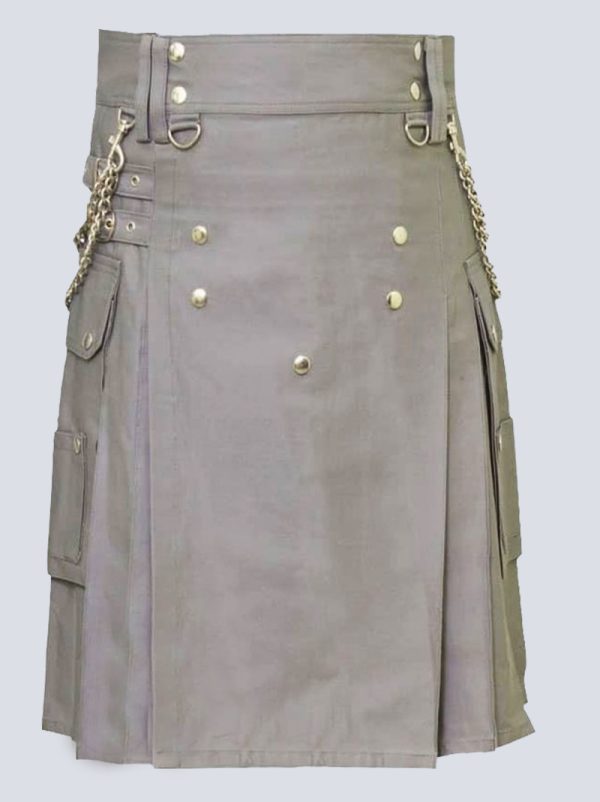 SCOTTISH MEN GREY UTILITY KILT WTH STUDED APRON