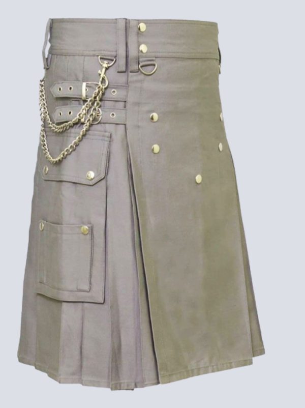 SCOTTISH MEN GREY UTILITY KILT WTH STUDED APRON - Image 2