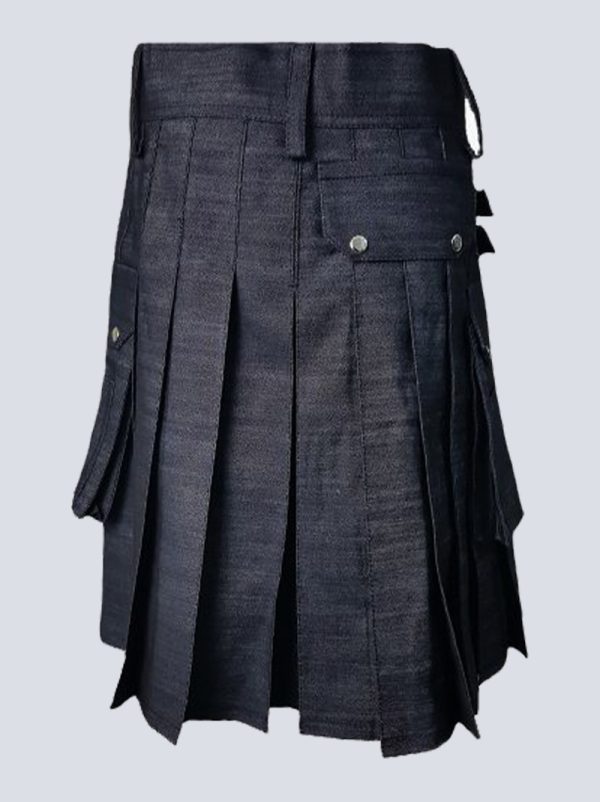 MENS BLACK DENIM UTILITY KILT WITH BUCKLE STRAPS - Image 3