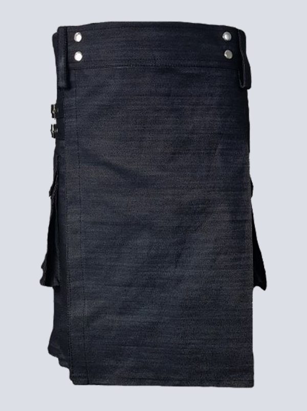 MENS BLACK DENIM UTILITY KILT WITH BUCKLE STRAPS