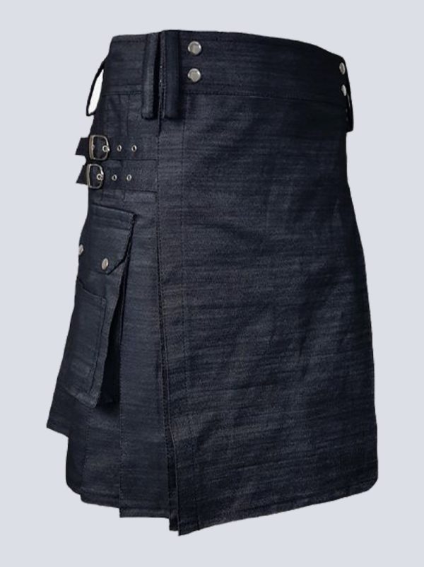 MENS BLACK DENIM UTILITY KILT WITH BUCKLE STRAPS - Image 2