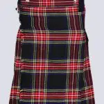MENS BLACK STEWART TARTAN UTILITY KILT WITH LEATHER STRAP