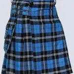 MENS RAMSAY BLUE TARTAN UTILITY KILT WITH BUCKLE STRAPS