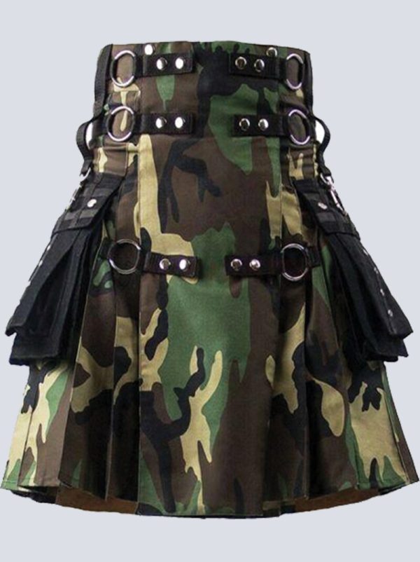 GOTHIC WOODLAND CAMO TACTICAL KILT WITH BLACK POCKET