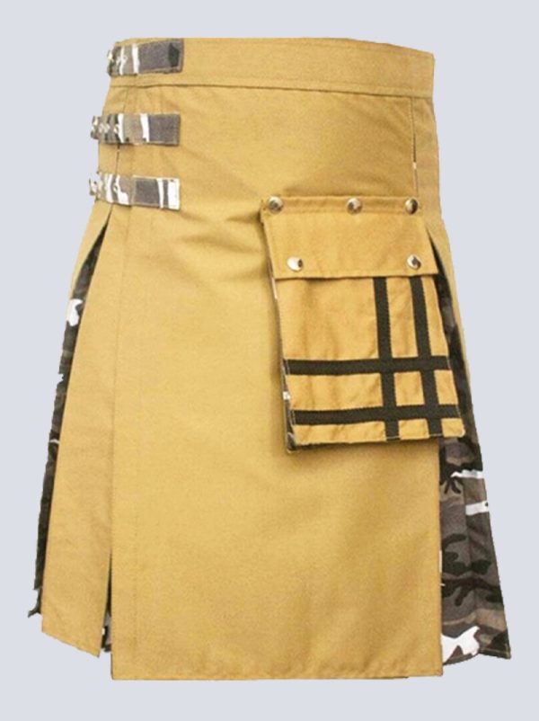 KHAKI AND URBAN CAMO HYBRID TACTICAL KILT WITH FRONT POCKET