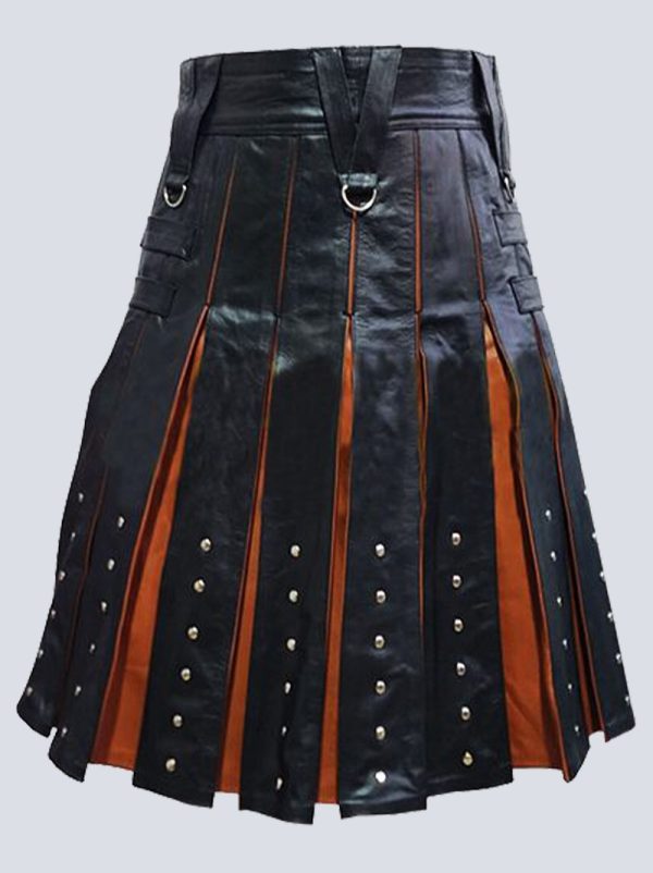 MENS BLACK AND BROWN LEATHER KILT WITH STUDDED DESIGN - Image 3