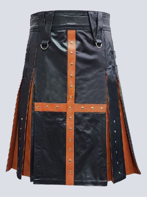 MENS BLACK AND BROWN LEATHER KILT WITH STUDDED DESIGN