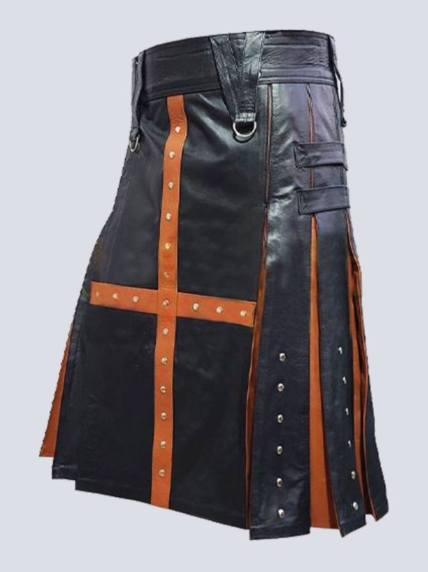MENS BLACK AND BROWN LEATHER KILT WITH STUDDED DESIGN - Image 2