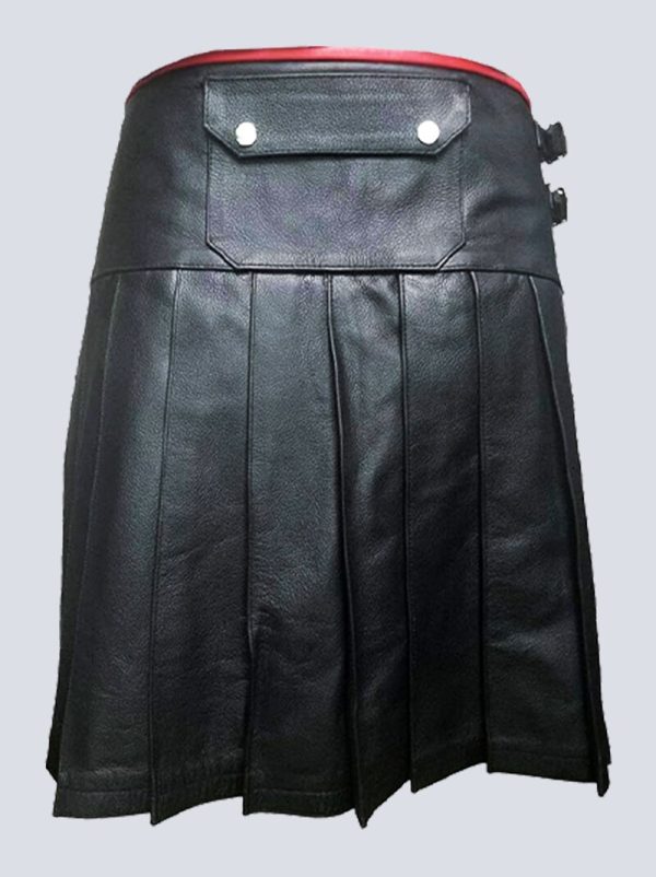 MENS BLACK AND RED LEATHER KILT WITH BACK POCKET - Image 4