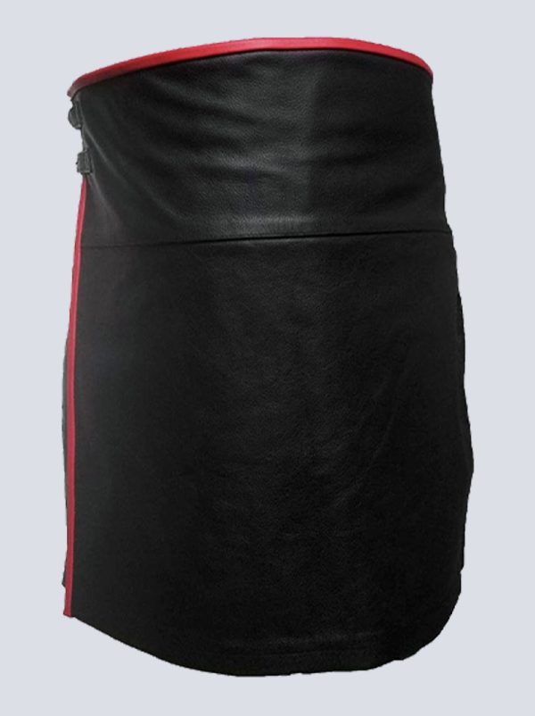MENS BLACK AND RED LEATHER KILT WITH BACK POCKET
