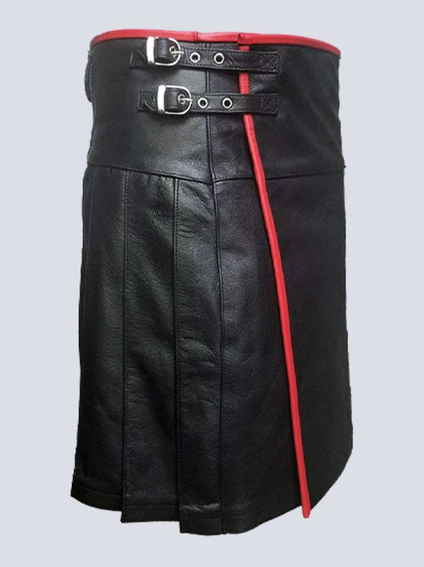 MENS BLACK AND RED LEATHER KILT WITH BACK POCKET - Image 3
