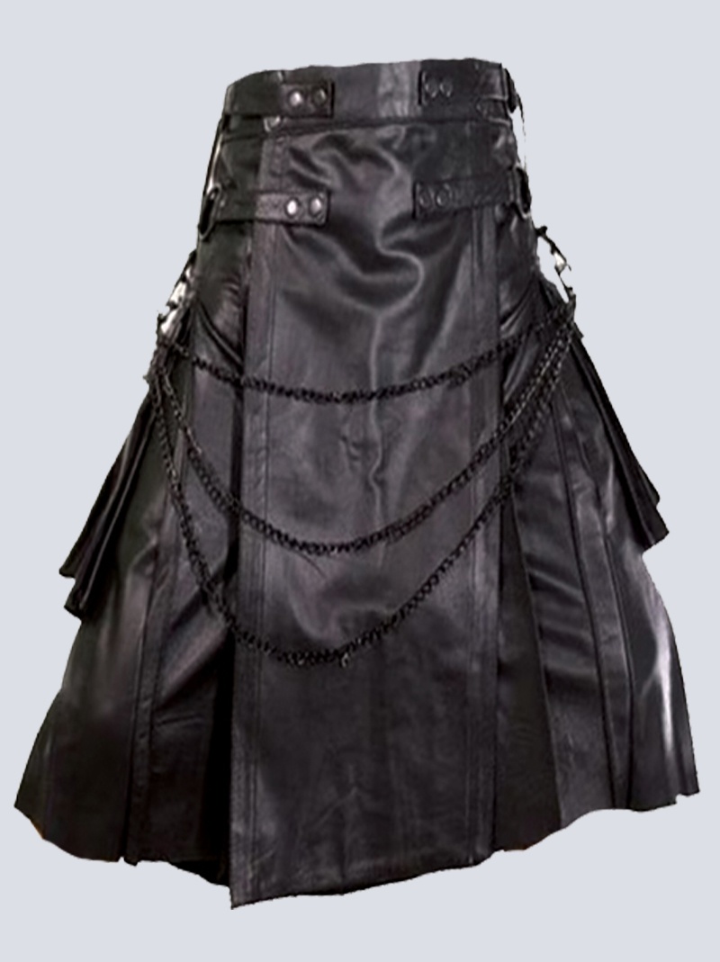 MENS BLACK GOTHIC LEATHER KILT WITH CHAINS