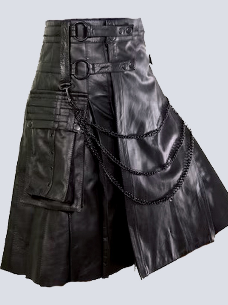 MENS BLACK GOTHIC LEATHER KILT WITH CHAINS - Image 2