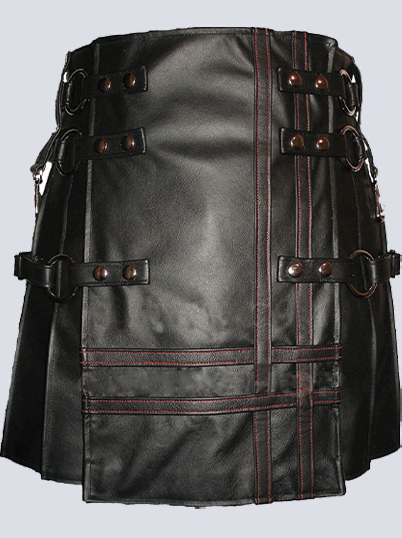 MENS BLACK GOTHIC LEATHER KILT WITH DETACHABLE APRON