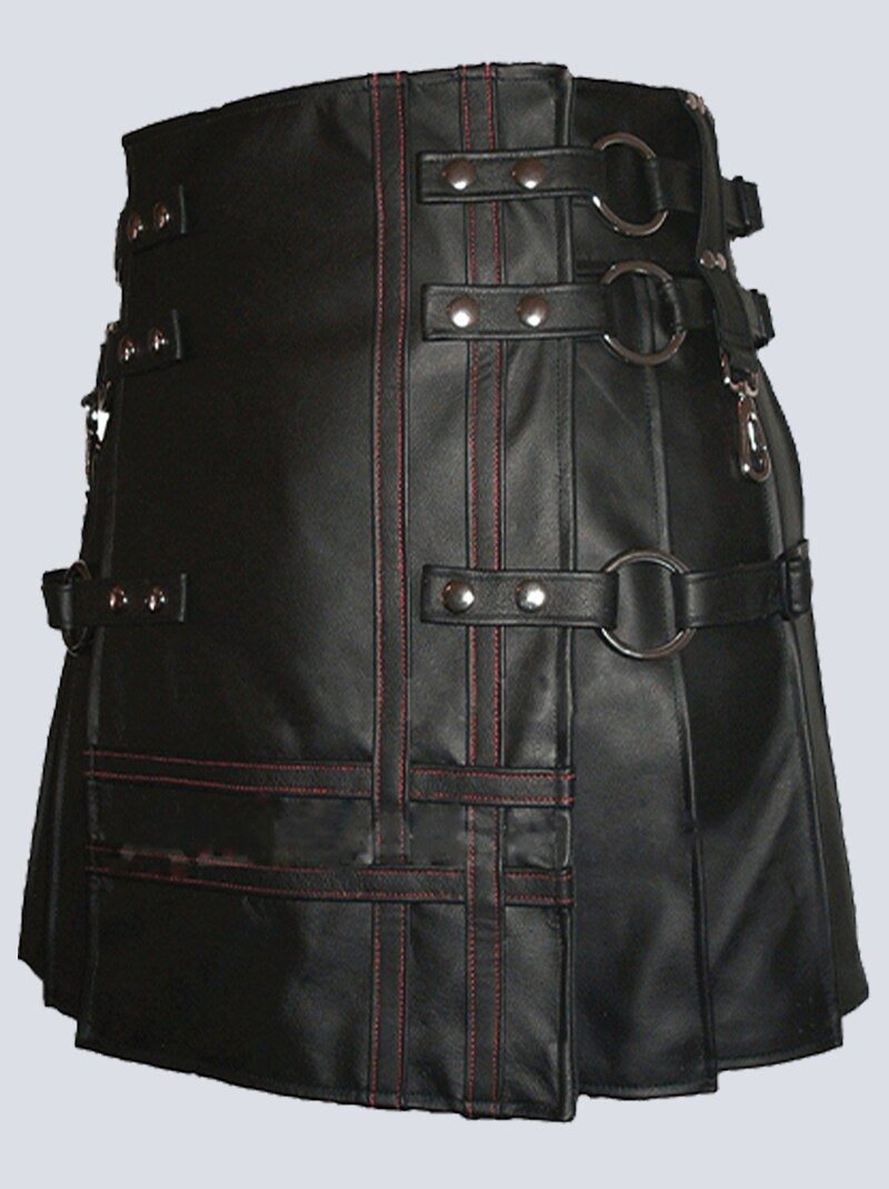 MENS BLACK GOTHIC LEATHER KILT WITH DETACHABLE APRON - Image 3