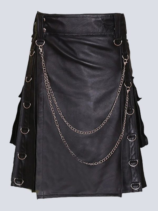 MENS BLACK LETHER GOTHIC KILT WITH CHAINS