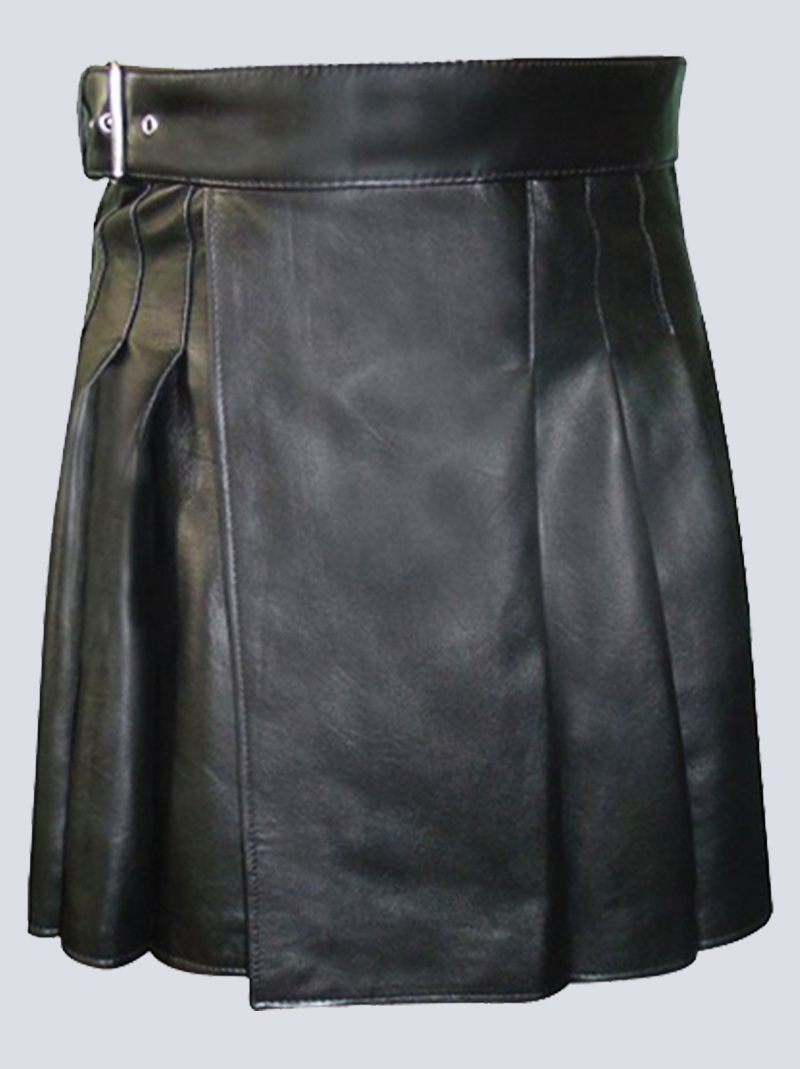 MENS BLACK LEATHER KILT WITH BUCKLE STRAP