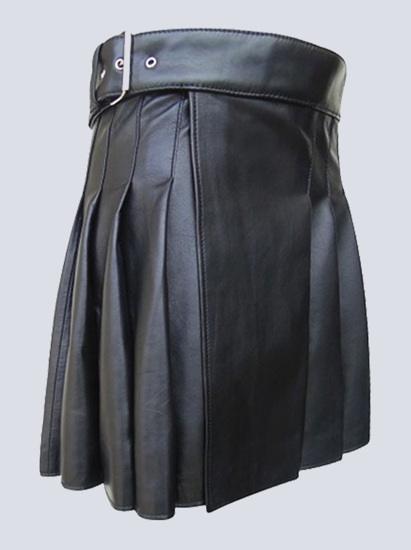MENS BLACK LEATHER KILT WITH BUCKLE STRAP - Image 2