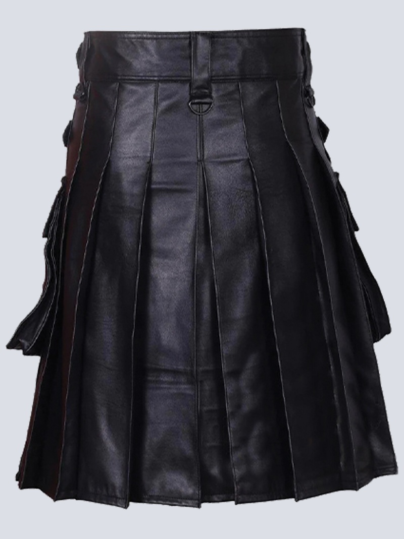 MENS BLACK LEATHER KILT WITH BUTTON STRAPS - Image 3