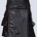 MENS BLACK LEATHER KILT WITH BUTTON STRAPS