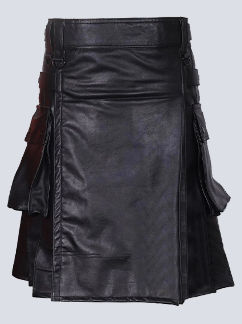 MENS BLACK LEATHER KILT WITH BUTTON STRAPS