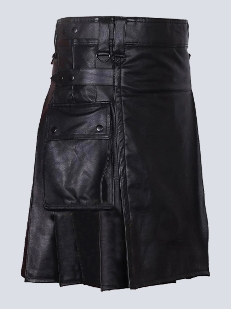MENS BLACK LEATHER KILT WITH BUTTON STRAPS - Image 2