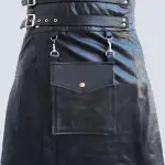 MENS BLACK LEATHER KILT WITH DETACHABLE FRONT POCKET