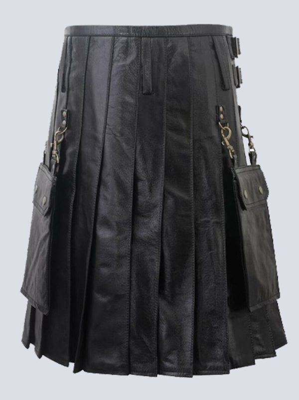 MENS BLACK LEATHER KILT WITH DETACHABLE POCKETS - Image 3