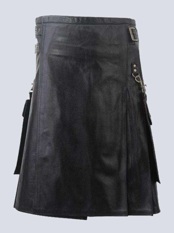 MENS BLACK LEATHER KILT WITH DETACHABLE POCKETS