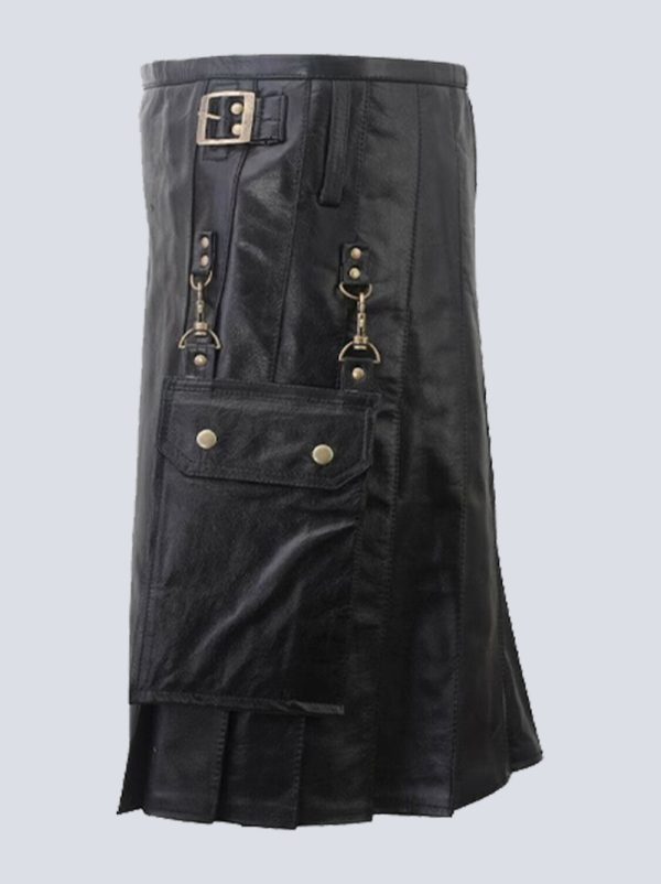 MENS BLACK LEATHER KILT WITH DETACHABLE POCKETS - Image 2