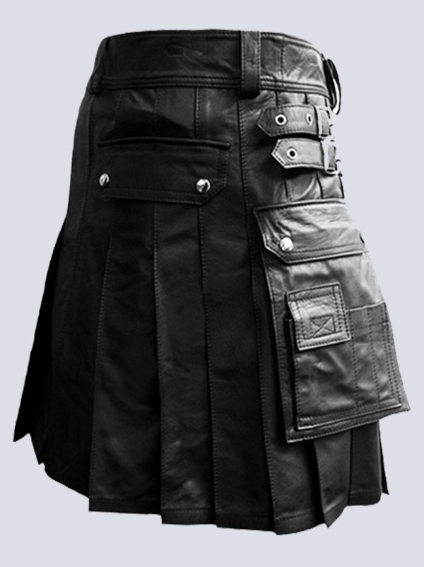 MENS BLACK LEATHER KILT WITH DUAL POCKET - Image 2