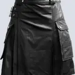 MENS BLACK LEATHER KILT WITH DUAL POCKET