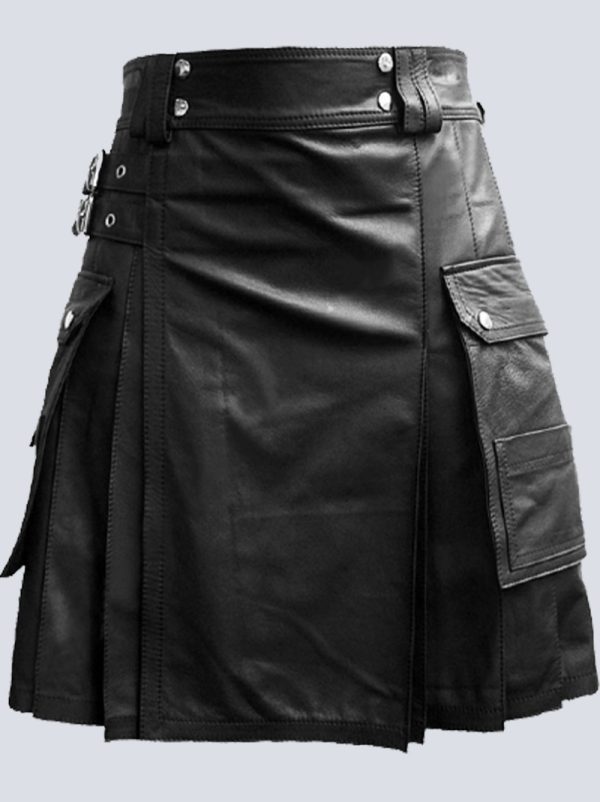 MENS BLACK LEATHER KILT WITH DUAL POCKET
