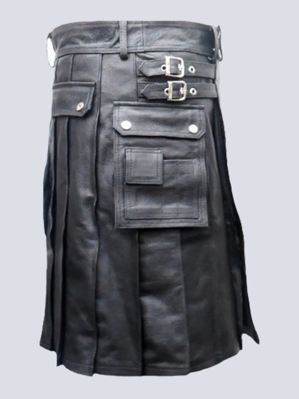 MENS BLACK LEATHER KILT WITH DUAL POCKET - Image 3