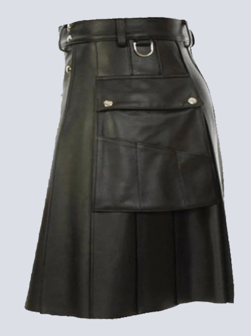 MODERN BLACK LEATHER KILT WITH FLAP POCKETS - Image 3