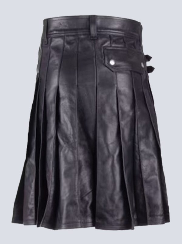 MENS BLACK LEATHER KILT WITH FRONT POCKET - Image 3
