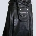 MENS BLACK LEATHER KILT WITH FRONT POCKET